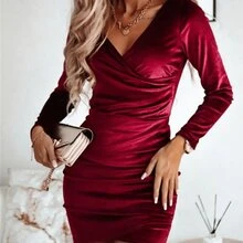 Vestido de terciopelo fruncido cruzado delantero Vestidos De Fiesta Vestidos Elegantes - Rojo - Ver 4