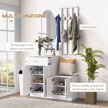 Scarpiera con Appendiabiti a Combinazione per Ingresso e Camera da Letto Legno 100x32x187cm Bianco - Bianco - Visualizzare 7