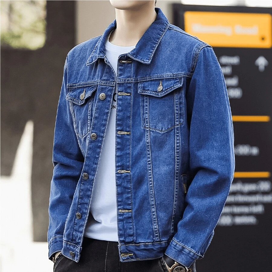 Chaqueta De Mezclilla Delgada Azul oscuro Slim Para Hombre Chamarra Vaquera Holgada Casual De Moda Para Hombre - Azul - Ver 1