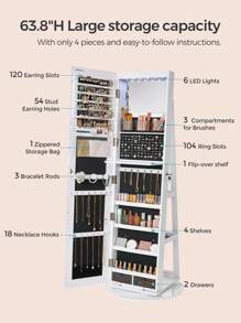 SONGMICS 6 LEDs Mirror Jewellery Cabinet, 360° Swivel Jewellery Storage Organiser, Lockable, Free-Standing Frameless Full-Length Mirror With Storage, White Surface, Black Lining - White - View 4