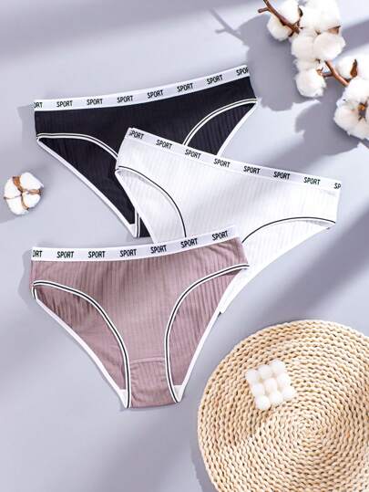 3 件/套大码女式罗纹针织字母印花内裤，女式弹力运动内裤
