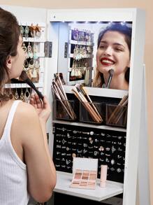 SONGMICS 6 LEDs Mirror Jewellery Cabinet, 360° Swivel Jewellery Storage Organiser, Lockable, Free-Standing Frameless Full-Length Mirror With Storage, White Surface, Black Lining - White - View 7