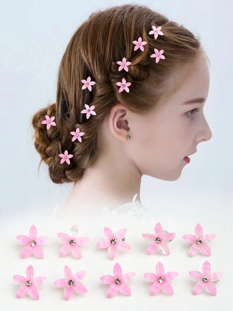 10入組少女白鑽石花形髮夾和迷你粉色花形頭帶,適用於日常生活或婚禮季節（花童） - 粉色 - 查看 1