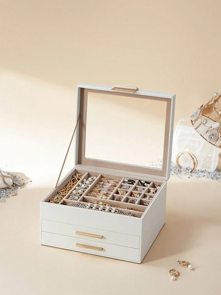 SONGMICS Jewellery Box With Glass Lid, 3-Layer Jewellery Organiser With 2 Drawers, Plenty Of Storage Space, Modern Style, Gift For Loved Ones, Cloud White And Gold - White - View 1