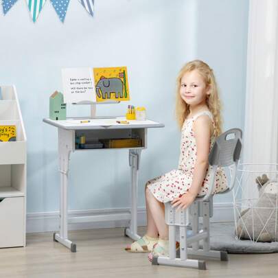 HOMCOM Kids Desk And Chair Set Adjustable Height Study Table Set W/ Drawer, Book Stand, Pen Slot