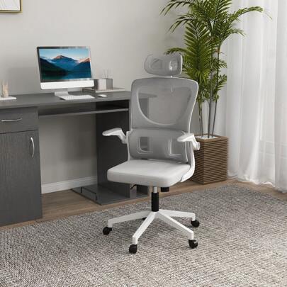 Vinsetto Fauteuil de bureau, chaise ergonomique, maille respirant, accoudoirs relevables, pivotant, appui-tête réglable et support lombaire, hauteur d'assise réglable, gris