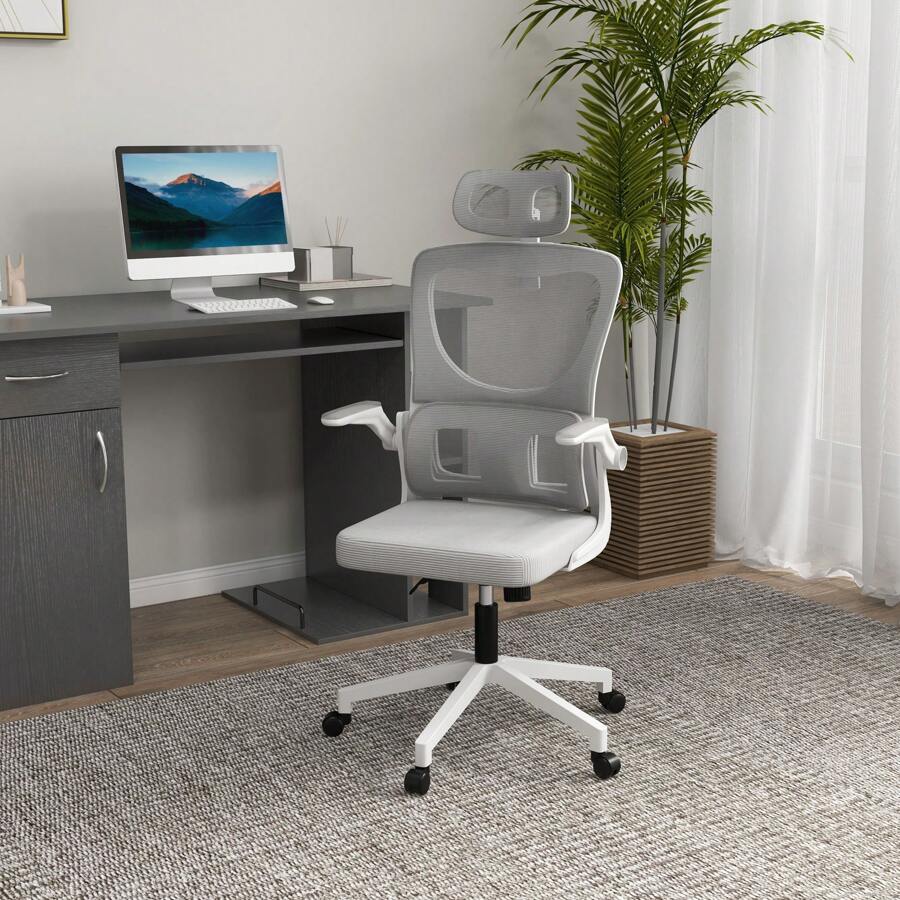 Vinsetto Fauteuil de bureau, chaise ergonomique, maille respirant, accoudoirs relevables, pivotant, appui-tête réglable et support lombaire, hauteur d'assise réglable, gris - Gris - Voir 1