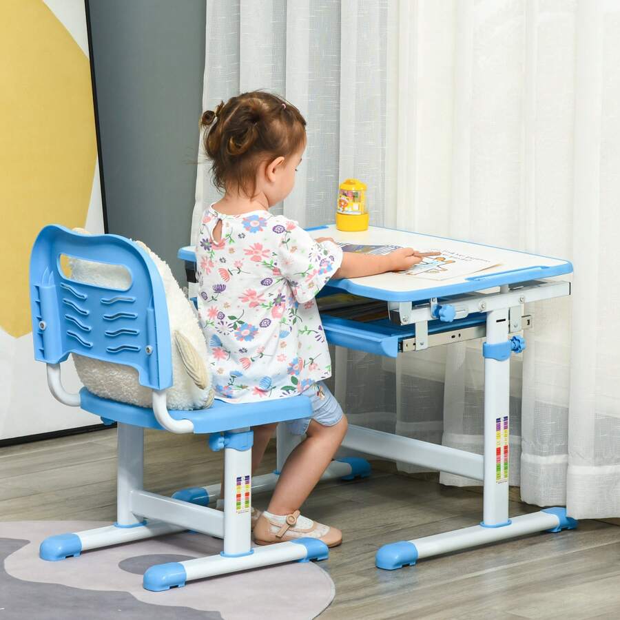 HOMCOM Kids Desk And Chair Set, Height Adjustable Student Writing Desk, Children School Study Table With Tiltable Desktop, Drawer, Pen Slot, Hook - 藍色 - 查看 1
