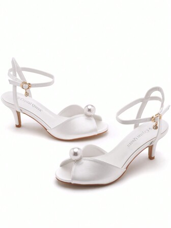 Women's 6cm White Wedding Pearl Peep-Toe Hollow High Heels Sandals, Medium Heel, Large Size Elegant Bridal Dress Shoes, Thin High Heel, Mid-High Heels, Elegant White High Heel Sandals For Wedding Gowns Valentines