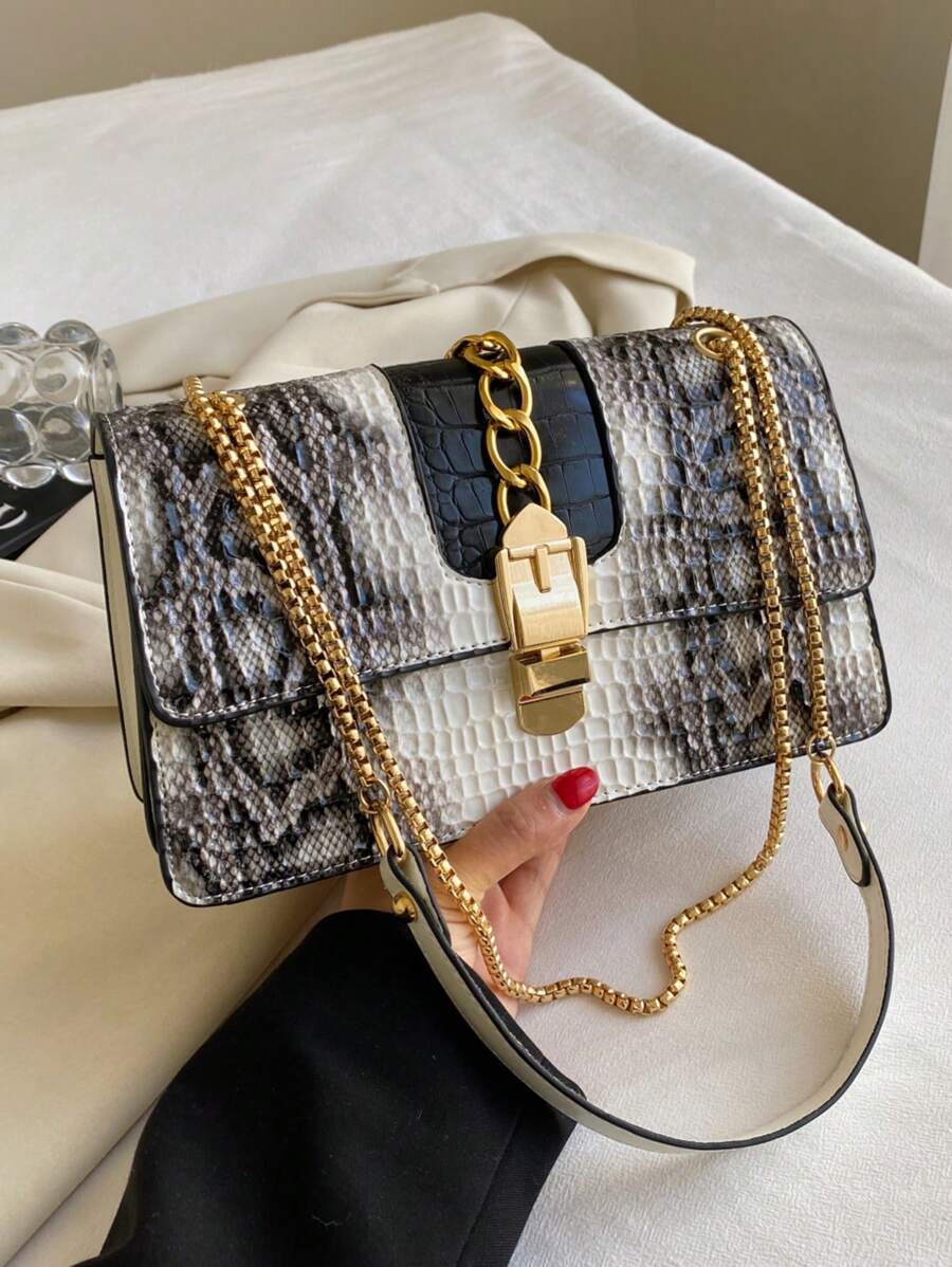 1入時尚彩色蛇/鱷紋手提包（11.23英寸*6.29英寸*4.33英寸），可愛的大容量手持/肩膀嬰兒尿布袋，實用光澤PU材料防污，防水，裝飾有金屬五金件和鏈條，能攜帶手機，錢包，充電器等，適用於商務旅行，旅遊，聚會，在黑白或多種顏色可用，清爽，甜美，可愛，酷，中等大小手提包。