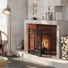 HOMCOM 3-Panel Folding Fireplace Screen With Door, Freestanding Spark Guard, Metal Mesh Fireguard, Black - Black - View 1