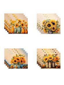 4 Stücke Retro Bauernhaus Stil SonnenBlumen Muster Tischset, Hitzebeständiges Essensmatte, Küchentischdecke, Waschbarer Kaffeematte, Geeignet Für Ferienhaus, Hotel, Restaurant, Küchendekoration Zu Hause, Weihnachtsfeier