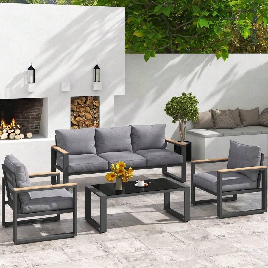Sunvivi Aluminum Patio Furniture Set, 7 Piece Outdoor Conversation Set With Coffee Table, Metal Outdoor Patio Furniture Set For Porch Backyard Garden, Grey - Xám - Xem 1