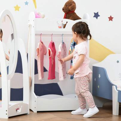 HOMCOM Kids Clothes Rail Wooden Hanging Rack With Storage Shelves Children Garment Freestanding Wardrobe For 3-8 Years Toddler, White