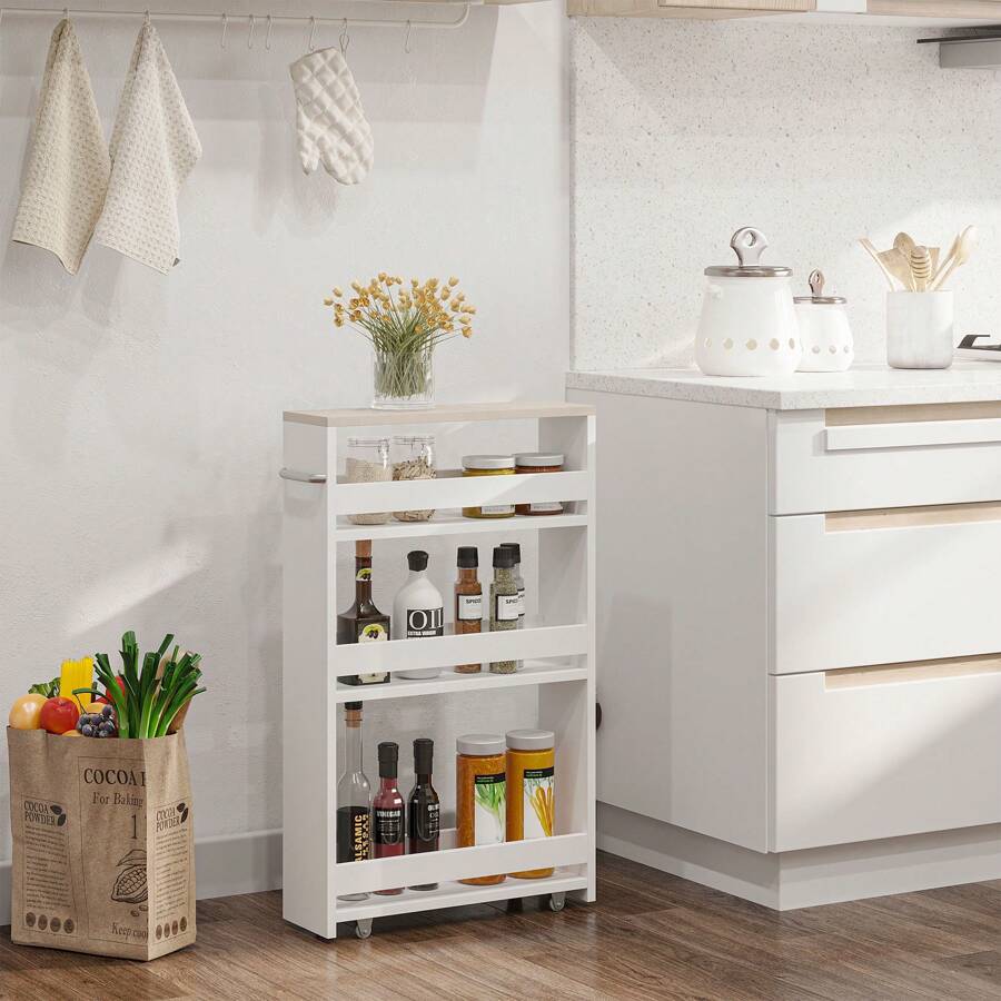 Carrello da Cucina a 3 Ripiani Salvaspazio, Mobiletto Bagno con Rotelle e Maniglia in Legno per Bagno, 48x15x80cm, Bianco - Bianco - Visualizzare 1