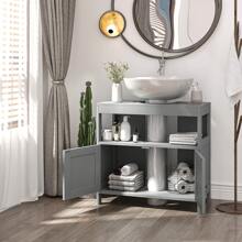 Kleankin Pedestal Under Sink Cabinet With Double Doors, Modern Bathroom Vanity Storage Unit With Shelves - Grey - View 9