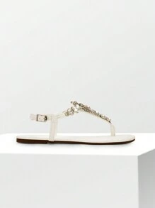 Flat Sandals For Women Dressy Rhinestone T-Strap Thong Flat Sandals For Summers Dress Beach Valentines - 白色 - 查看 4