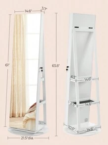 SONGMICS 6 LEDs Mirror Jewellery Cabinet, 360° Swivel Jewellery Storage Organiser, Lockable, Free-Standing Frameless Full-Length Mirror With Storage, White Surface, Black Lining - White - View 6