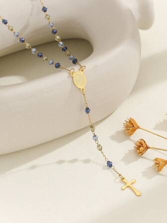 1入色彩繽紛的水晶珠鍊,帶吊墜,不鏽鋼材質,適用於女性