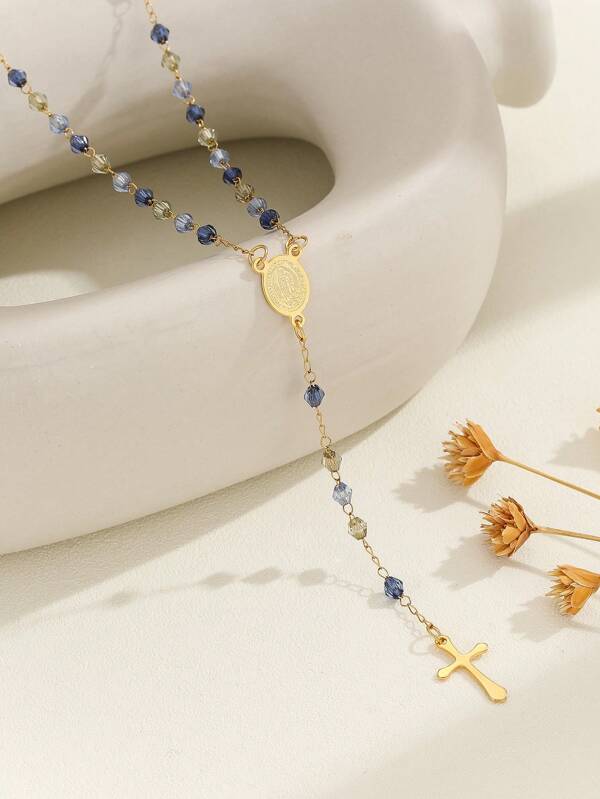 1pc Colorful Crystal Beaded Stainless Steel Cross Pendant Necklace For Women