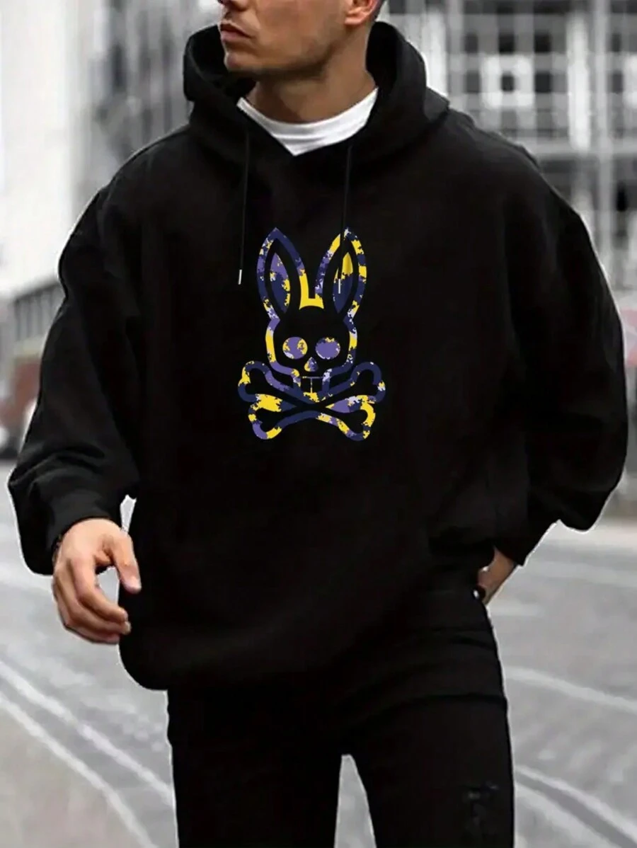 Sudadera con capucha casual y deportiva con bolsillo canguro  con estampado de calavera de conejo - Negro - Ver 1