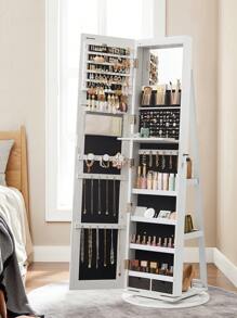 SONGMICS 6 LEDs Mirror Jewellery Cabinet, 360° Swivel Jewellery Storage Organiser, Lockable, Free-Standing Frameless Full-Length Mirror With Storage, White Surface, Black Lining - White - View 1