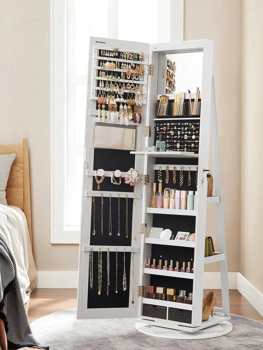 SONGMICS 6 LEDs Mirror Jewellery Cabinet, 360° Swivel Jewellery Storage Organiser, Lockable, Free-Standing Frameless Full-Length Mirror With Storage, White Surface, Black Lining - White - View 1