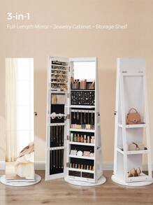 SONGMICS 6 LEDs Mirror Jewellery Cabinet, 360° Swivel Jewellery Storage Organiser, Lockable, Free-Standing Frameless Full-Length Mirror With Storage, White Surface, Black Lining - White - View 3