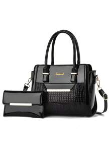 Set Of Two Crocodile Pattern Handbags For Women,Fashion Solid Color Tote Bag,Random Patterns - Black - View 1