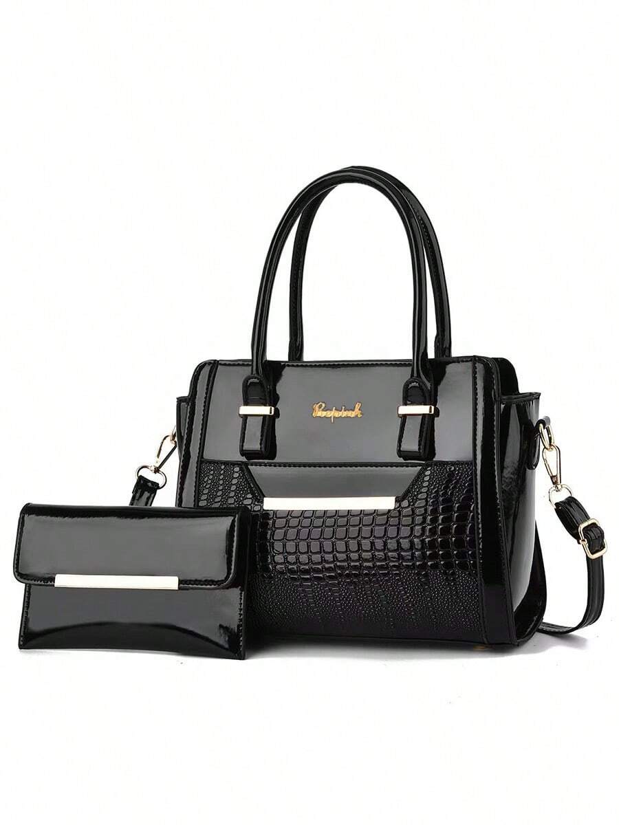 Set Of Two Crocodile Pattern Handbags For Women,Fashion Solid Color Tote Bag,Random Patterns - Black - View 1