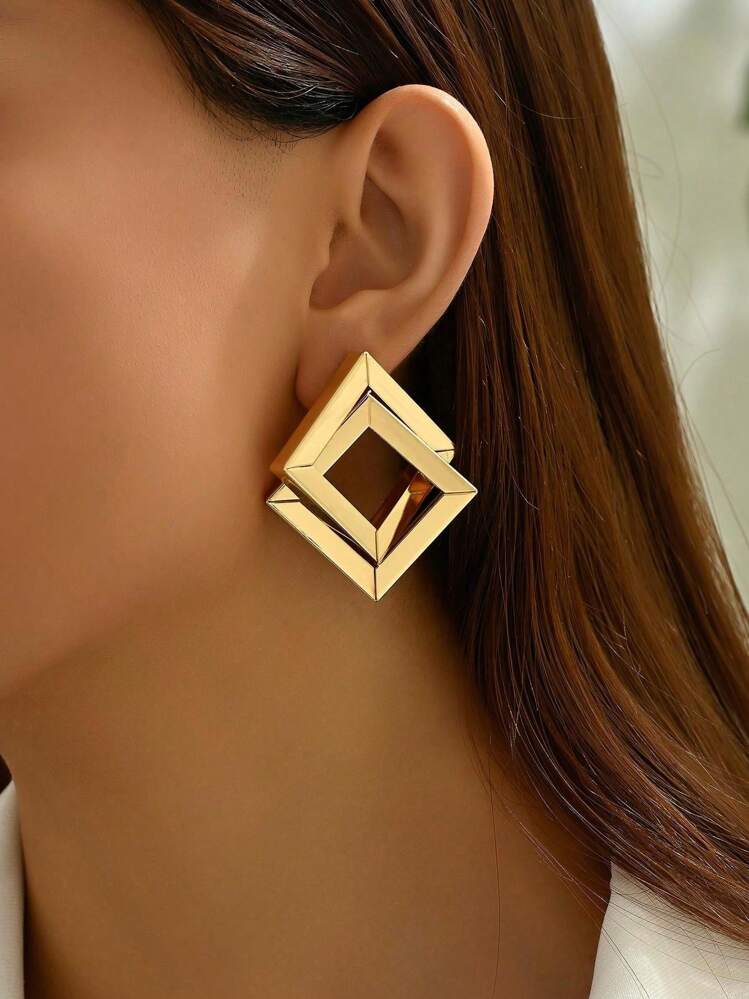 1pair Gold-Color Multi-Layered Square & Asymmetrical Shape Statement Earrings With Rhombus Circle Design - Ideal For Daily Wear, Commuting, Work, Hangouts, Travel, Festival, Bar, Shopping, Gifting To Family And Friends - Gold - View 2