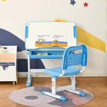 HOMCOM Kids Desk And Chair Set, Height Adjustable Student Writing Desk, Children School Study Table With Tiltable Desktop, Drawer, Pen Slot, Hook - 藍色 - 查看 8