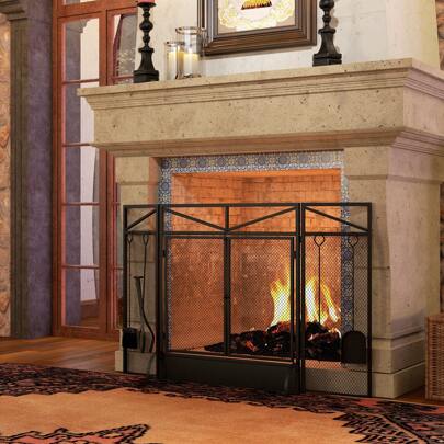 HOMCOM 3 Panel Folding Fire Guard Screen With Fireplace Tool Sets And Front Doors, Freestanding Fire Screen Spark Guard With Feet For Open Fire, Log Burner, Fireplace, 122 X77 Cm, Black