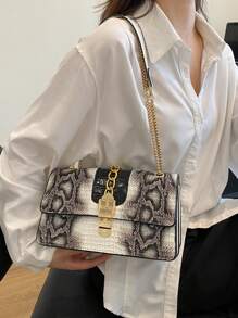 1入時尚彩色蛇/鱷紋手提包（11.23英寸*6.29英寸*4.33英寸），可愛的大容量手持/肩膀嬰兒尿布袋，實用光澤PU材料防污，防水，裝飾有金屬五金件和鏈條，能攜帶手機，錢包，充電器等，適用於商務旅行，旅遊，聚會，在黑白或多種顏色可用，清爽，甜美，可愛，酷，中等大小手提包。 - 黑與白 - 查看 3