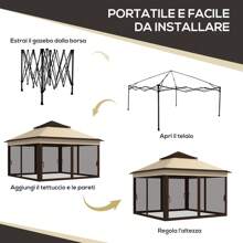 Outsunny Gazebo da Giardino Regolabile su 3 Livelli con Pareti Rimovibili, Gazebo 3x3 con Doppio Tetto in Acciaio e tessuto Oxford, Rifugio per attività istantanee regolabile in altezza con rete e borsa per il trasporto, color Caffè e Beige - Beige - Visualizzare 4