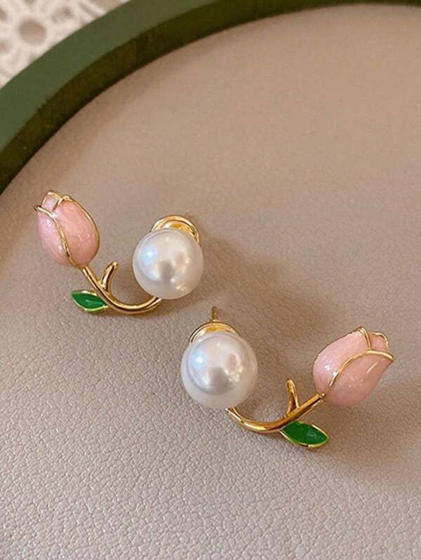 Nuevos pendientes de tulipán rosa románticos para el Día de San Valentín 2024, diseño dulce y único, elegantes y de moda, pendientes de botón de alta calidad para mujer para San Valentín, mamá, madre, Día de la Madre, regalo
