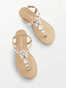 Flat Sandals For Women Dressy Rhinestone T-Strap Thong Flat Sandals For Summers Dress Beach - Apricot - View 1