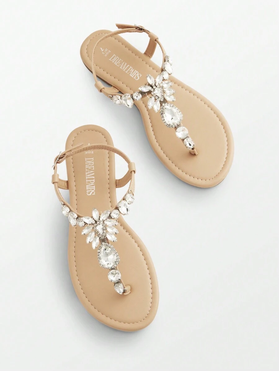 Flat Sandals For Women Dressy Rhinestone T-Strap Thong Flat Sandals For Summers Dress Beach - Apricot - View 1