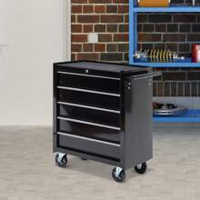 HOMCOM Steel 5-Drawer Tool Storage Cabinet Lockable With Wheels Handle 2 Keys Garage Equipment Trolley Home Work DIY Workshop Chest - Black - View 2