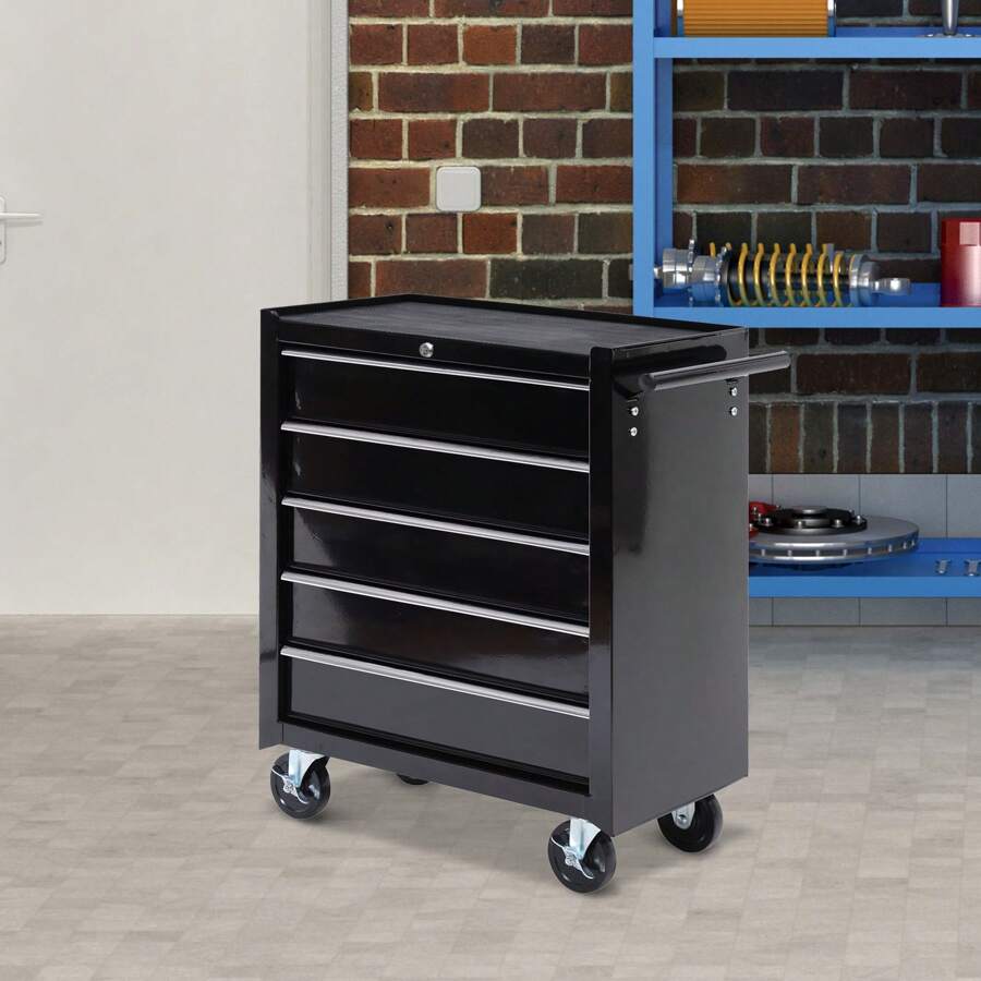 HOMCOM Steel 5-Drawer Tool Storage Cabinet Lockable With Wheels Handle 2 Keys Garage Equipment Trolley Home Work DIY Workshop Chest