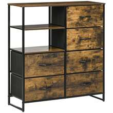 HOMCOM Meuble de rangement, commode, buffet de rangement style industriel 6 tiroirs pliables 2 étagères acier et bois - 84 x 30 x 92 cm - Marron - Voir 5