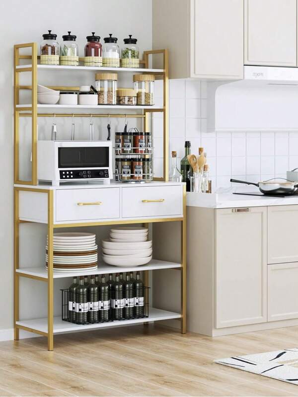 Prateleira de cozinha, prateleira de pé com 5 prateleiras e 2 gavetas, prateleira de padeiro para micro-ondas, panelas e frigideiras, 80 x 40 x 169 cm, branco