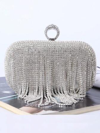 Europeisk och amerikansk diamantinlagd fransväska och ring handgjorda med strass, perfekt för kvällsevenemang