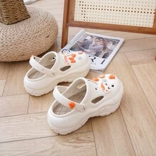 女士可爱猫咪印花镂空厚底一脚蹬凉鞋，时尚厚底防滑卡通夏季沙滩拖鞋，适合护士工作，耐用软底拖鞋 - 米色 - 查看 4