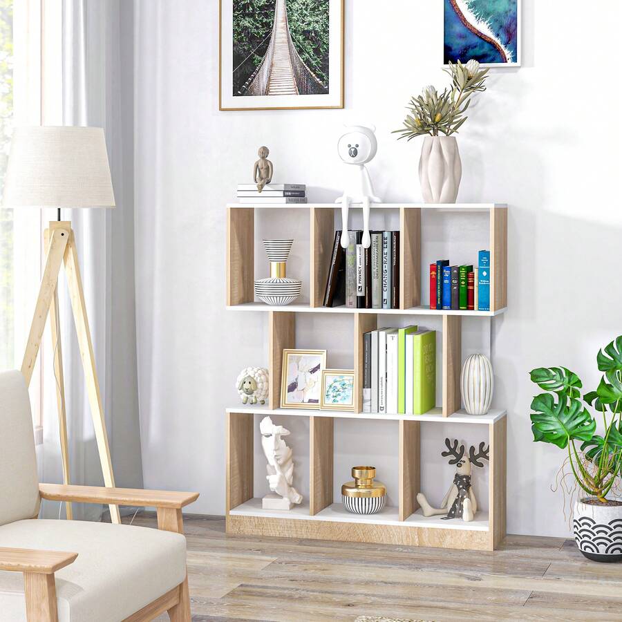 HOMCOM Libreria a Parete Moderna in Legno, Libreria Scaffale a 8 Ripiani per Soggiorno e Camere, Rovere e Bianco