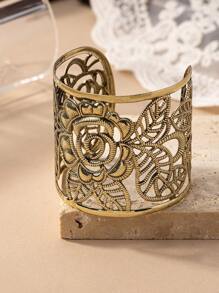 1 chiếc vòng tay kim loại rỗng họa tiết hoa rộng, cổ điển và thanh lịch, thích hợp cho phụ nữ ngày lễ tình nhân - Vàng - Xem 5
