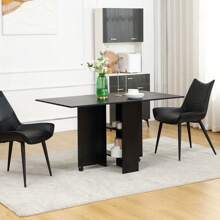HOMCOM Table pliante de cuisine salle à manger amovible sur roulettes 75L x 140l x 74H cm 2 étagères intégrées en bois coloris gris - Noir - Voir 2