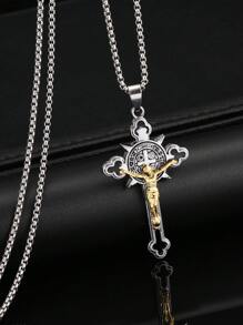 1pc 2025 New European & American Titanium Steel Cross Pendant Necklace, Vintage Personality Unisex Religious Gift, Wholesale Niche Hiphop Stainless Steel Long Sweater Chain, Casual Wear For Men & Women