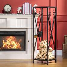 Outsunny Portalegna da Interno ed Esterno Salvaspazio in Metallo con Paletta, Scopino, Attizzatoio e Pinza, 34x34x111cm, Nero - nero - Visualizzare 1