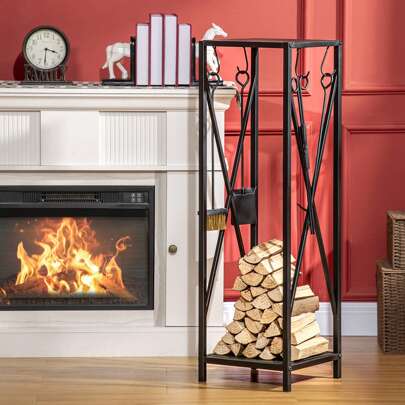 Outsunny Portalegna da Interno ed Esterno Salvaspazio in Metallo con Paletta, Scopino, Attizzatoio e Pinza, 34x34x111cm, Nero
